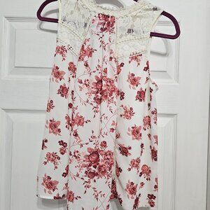 Taylor & Sage red floral and white lace embellished tank top
